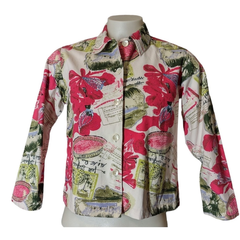 Units Jacket Button Up Women's Petite Med. Floral Postcard Whimsical Y2K Sequin